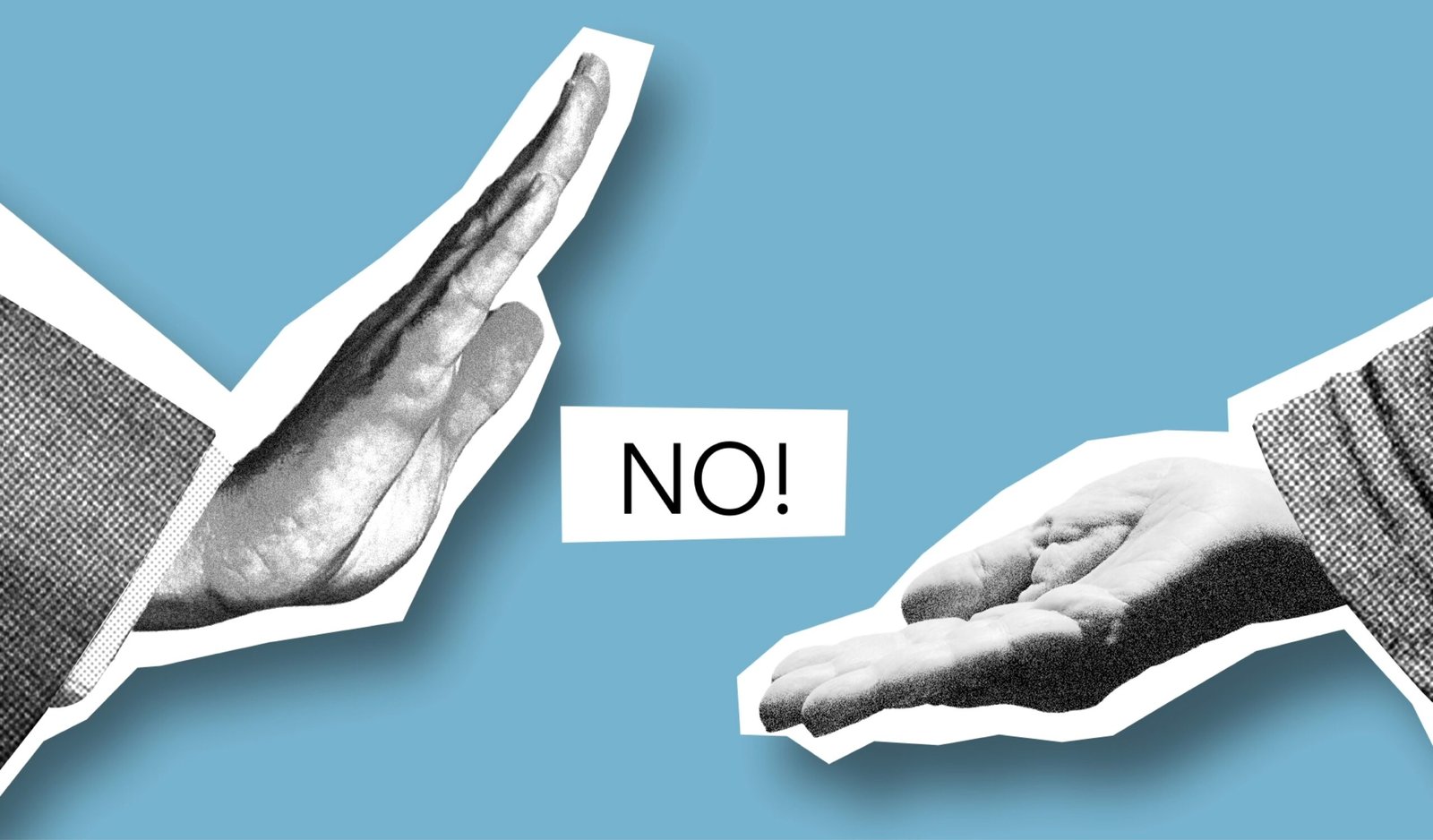 A hand is showing no to another hand to show small business loan rejected