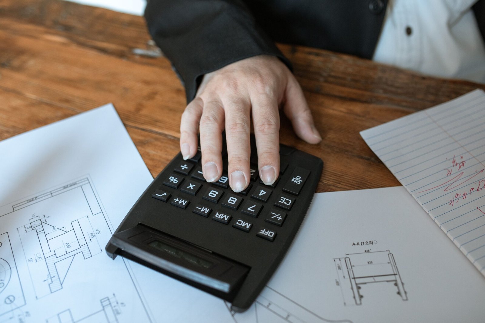 A person's hand is on a calculator to check business loan matters